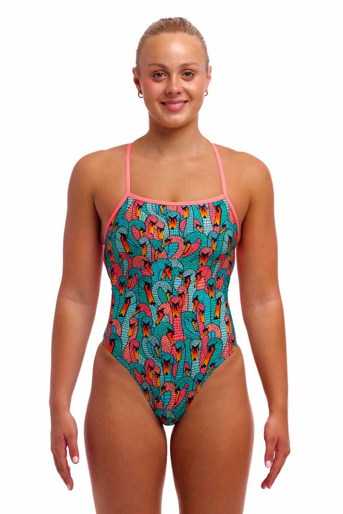 Funkita Ladies Swan See Swan Strapped In One Piece Swimsuit in multi-color with elegant swan design, suitable for swimming and beachwear.