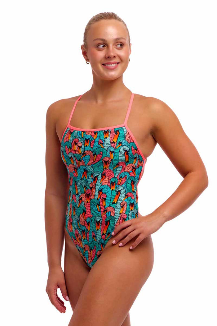 Funkita Ladies Swan See Strapped One Piece Swimsuit in multi-color with sleek design and supportive straps, ideal for swimming.