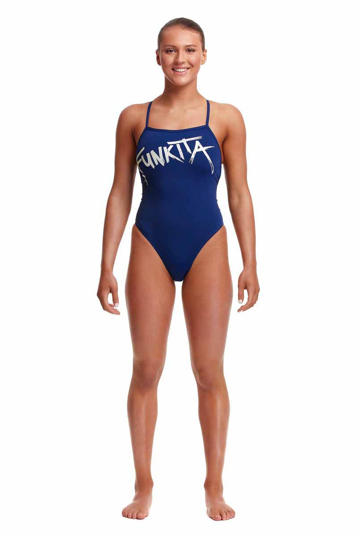 Funkita Ladies Zinc'd Strapped In One Piece Swimsuit in navy and silver, featuring a sleek design and supportive straps.