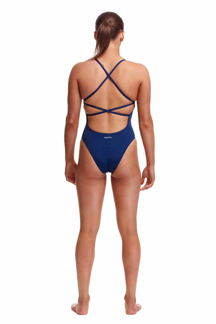 Funkita Ladies Zinc'd Strapped In One Piece Swimsuit in navy and silver, featuring a stylish strap design and athletic fit.