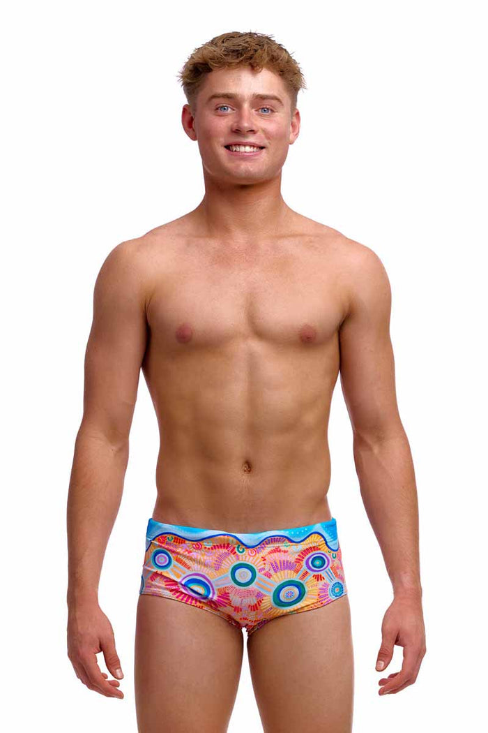 Funky Trunks Boys Kulin Colour Sidewinder Trunks in vibrant multi-color design, showcasing the fun swimwear style.