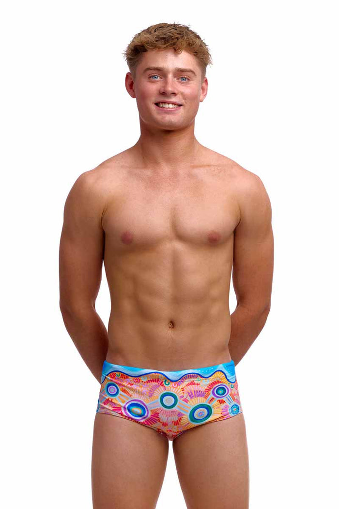 Funky Trunks Boys Kulin Colour Sidewinder Trunks in multi with vibrant pattern, designed for comfort and style.