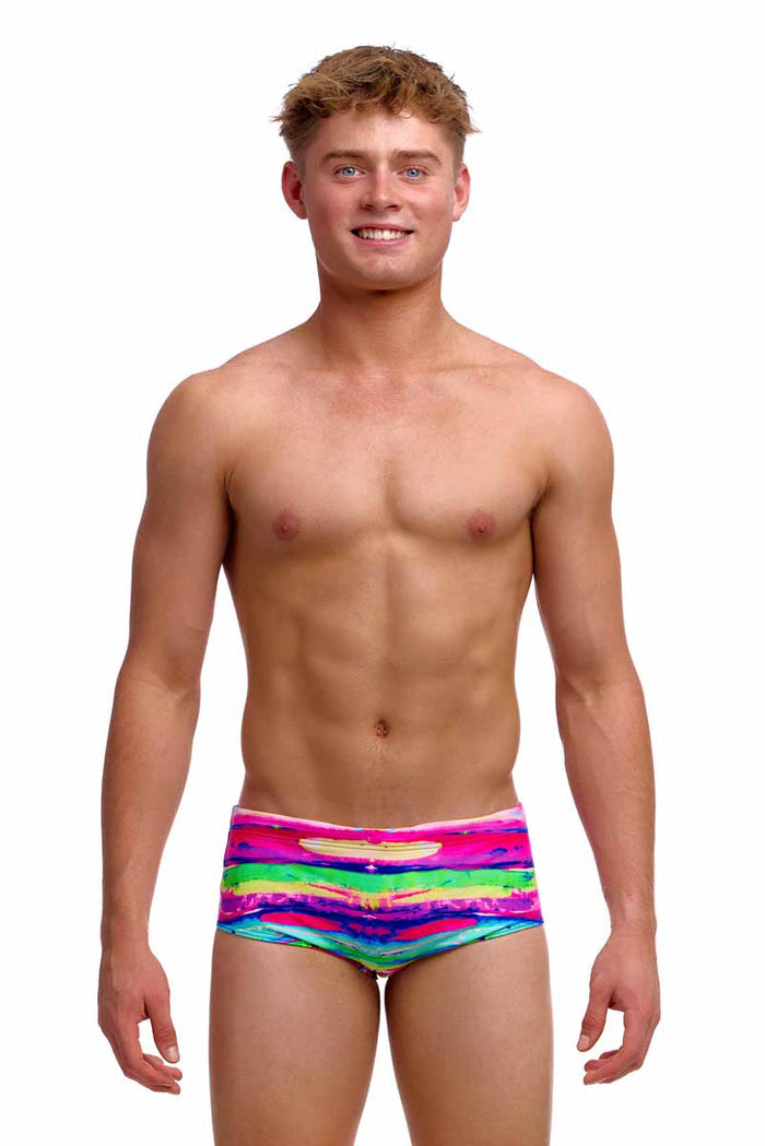 Funky Trunks boys' paint patch sidewinder trunks in vibrant multi colors, featuring a bold patch design and comfortable fit.