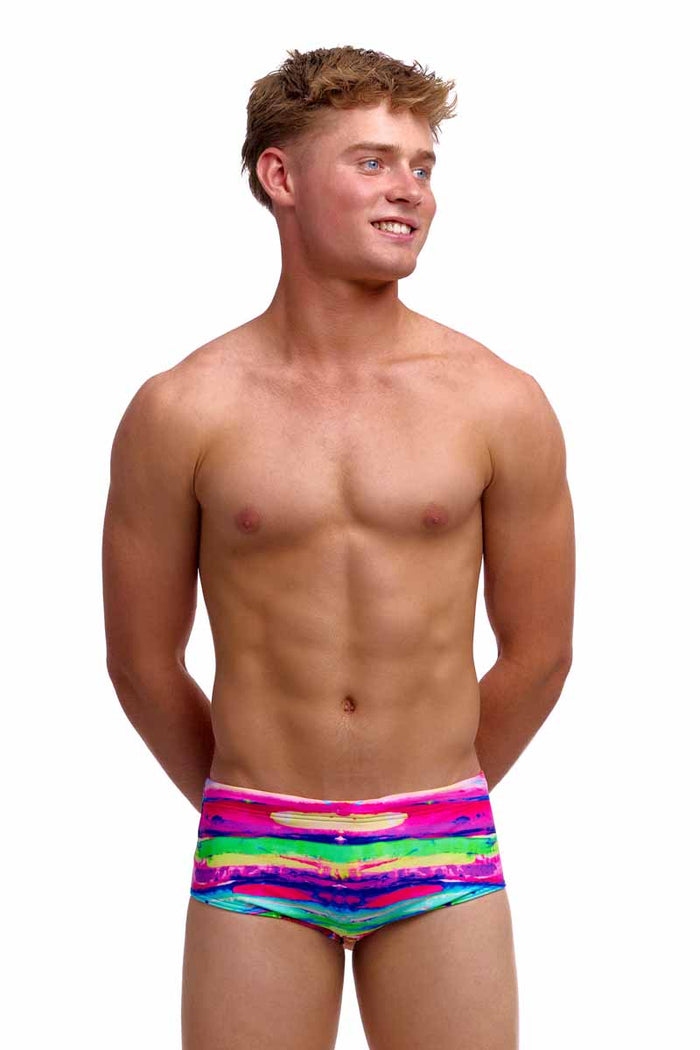 Funky Trunks boys' Sidewinder trunks with colorful paint patch design, featuring vibrant swim trunks for boys.