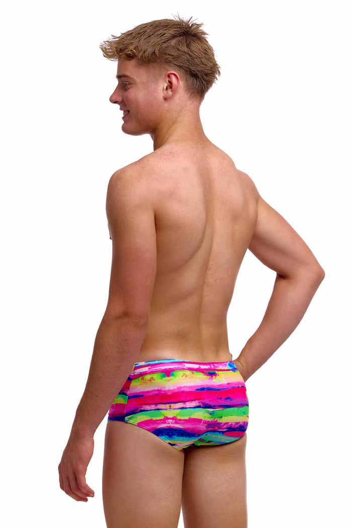Funky Trunks Boys Paint Patch Sidewinder Trunks in vibrant multi colors, featuring bold paint patch design and sidewinder style.