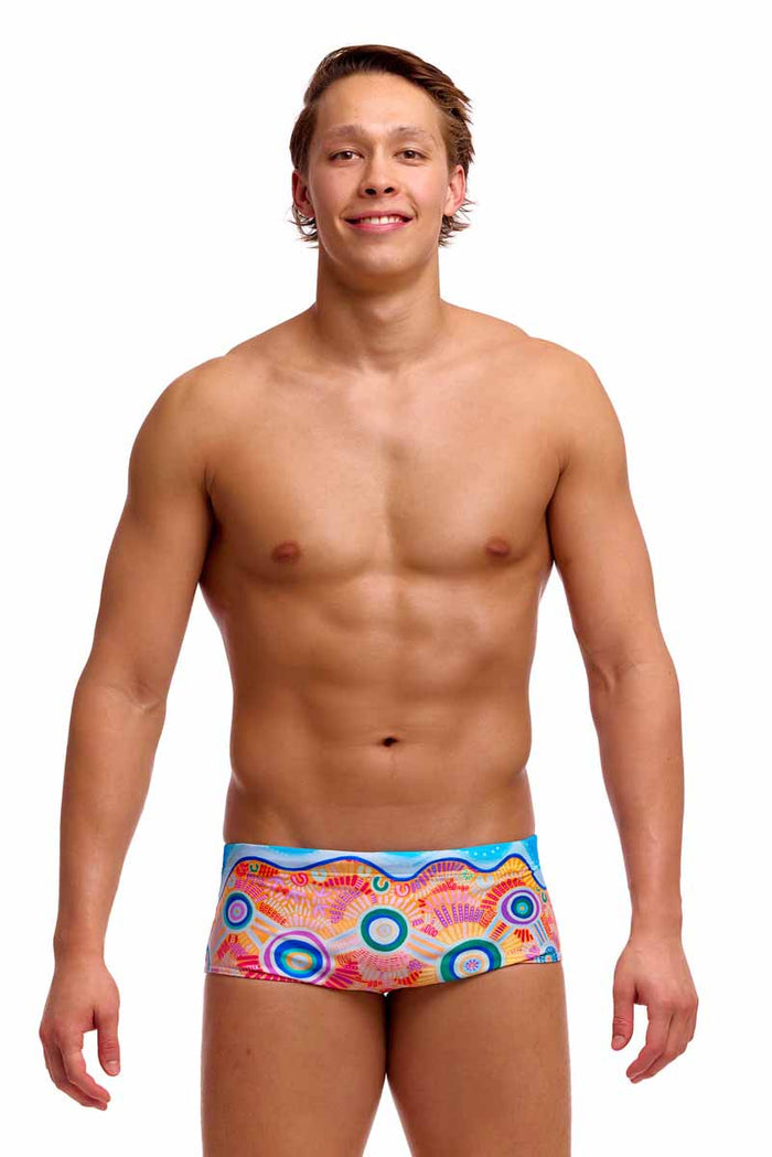 Funky Trunks men's Kulin Colour Sidewinder trunks in vibrant multi-color pattern, featuring a snug fit and bold design.