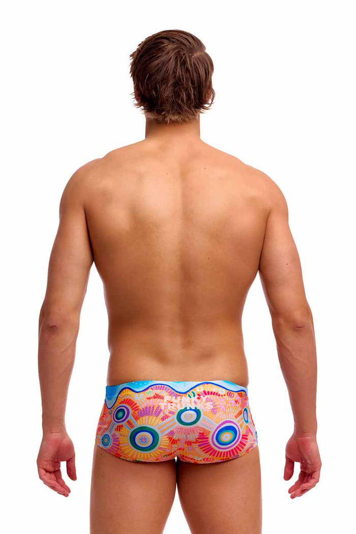 Funky Trunks men's Kulin Colour Sidewinder trunks in vibrant multi-color design, showcasing the stylish and comfortable swimwear.