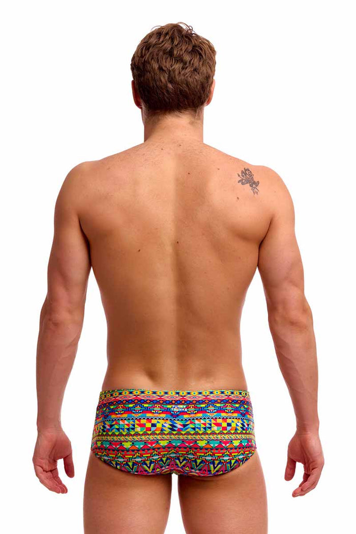 Funky Trunks men's Packed Up Sidewinder trunk in multi-color with vibrant patterns, designed for comfort and style.