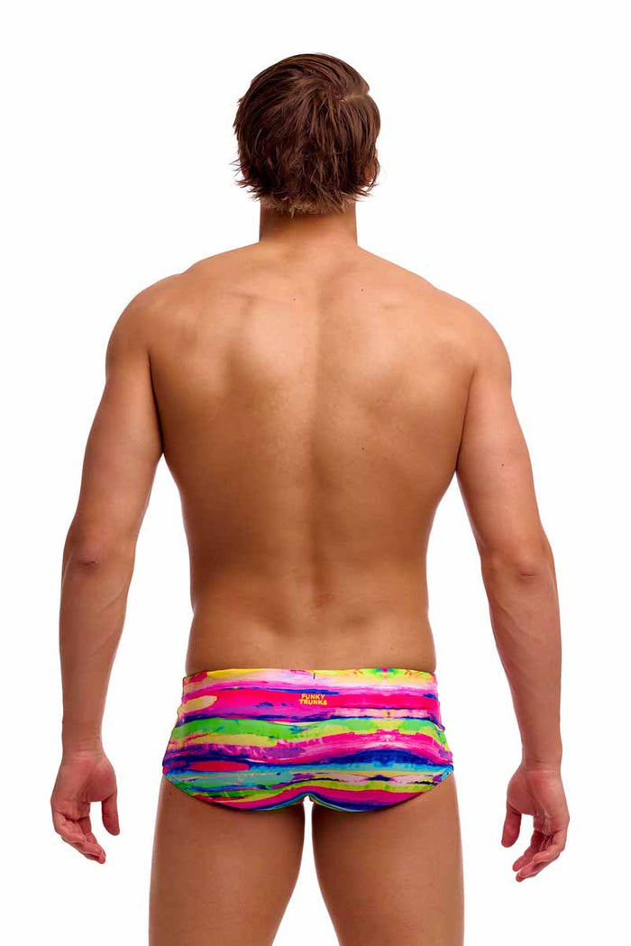Funky Trunks men's Paint Patch Sidewinder trunks featuring colorful paint patch design, casual swimwear for men.