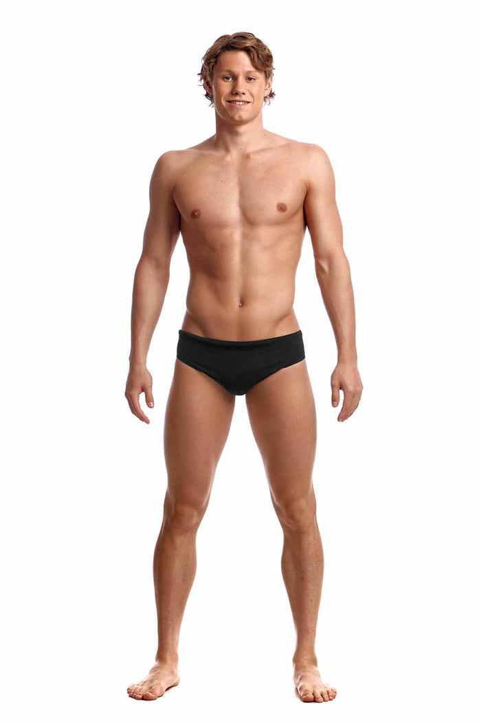 Funky Trunks men's still black classic briefs showing a comfortable fit and black fabric with minimal design.