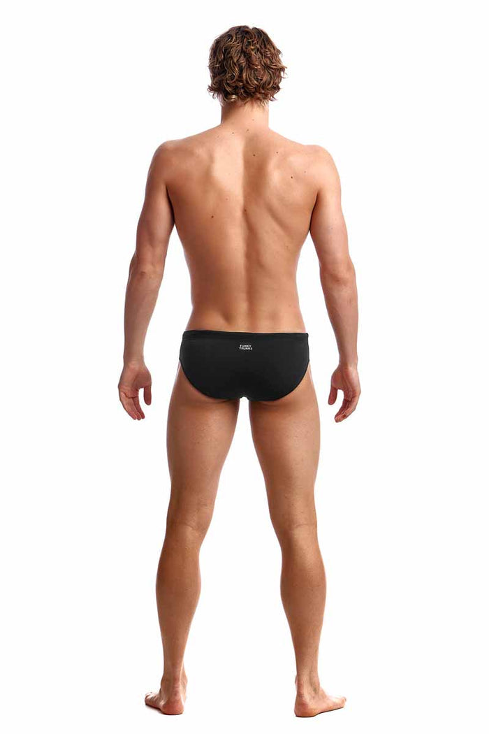 Funky Trunks men's black classic briefs underwear with a snug fit and simple design, displayed on a plain background.