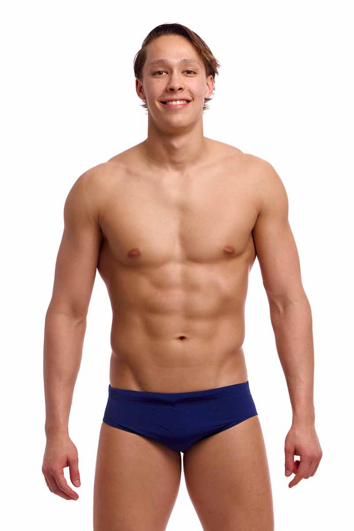 Funky Trunks men's Still Ocean classic briefs in navy, featuring a comfortable fit and ocean-inspired design.