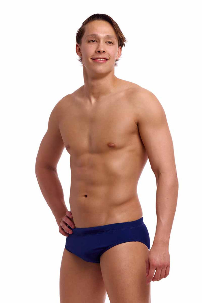 Funky Trunks men's Still Ocean navy classic briefs featuring a comfortable fit and ocean-inspired design.