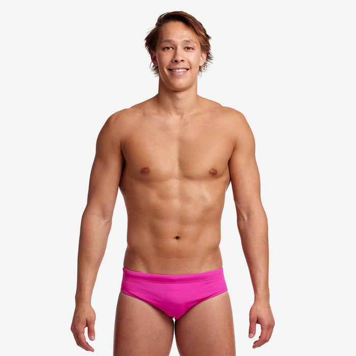 Funky Trunks men's Still Pink classic briefs in vibrant pink fabric, featuring a comfortable fit and branded waistband.