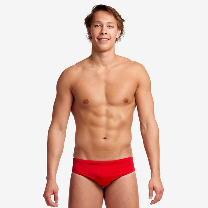 Funky Trunks men's Still Red classic briefs, vibrant red swimwear with a comfortable fit, designed for active wear and everyday use.