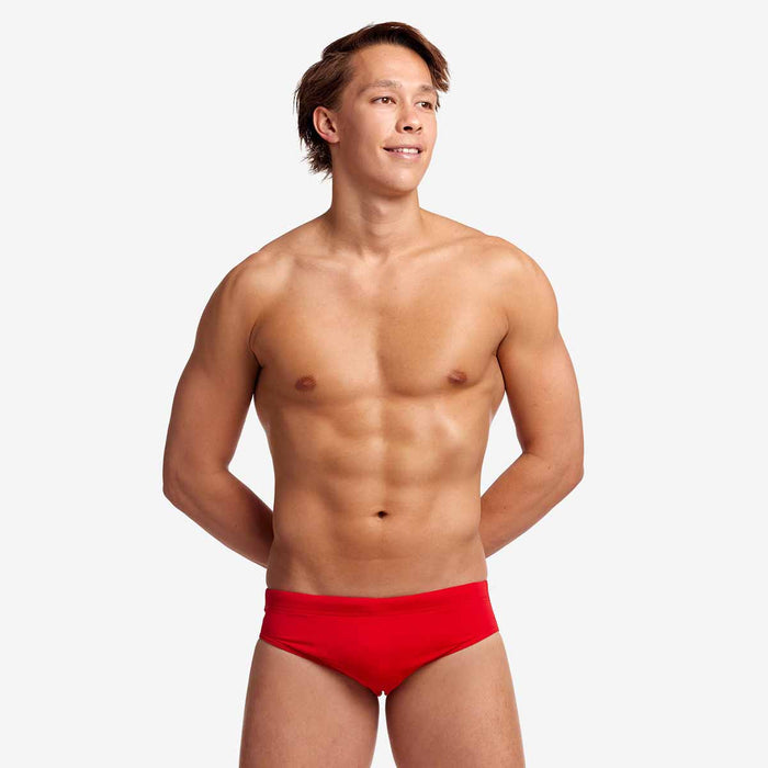 Funky Trunks men's Still Red classic briefs with a vibrant red color and comfortable fit, showcasing the stylish underwear design.
