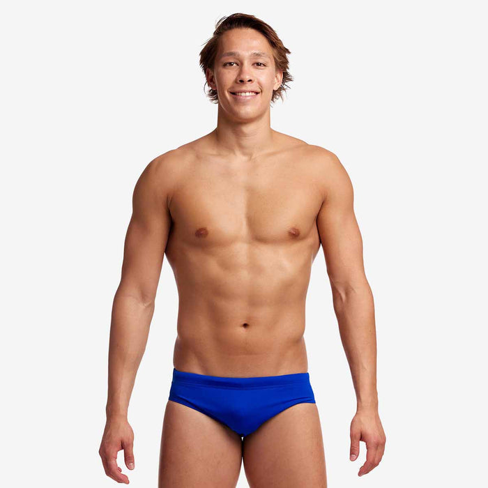 Funky Trunks men's Still Speed classic briefs in royal blue with vibrant print, showcasing the comfortable waistband and stylish fit.