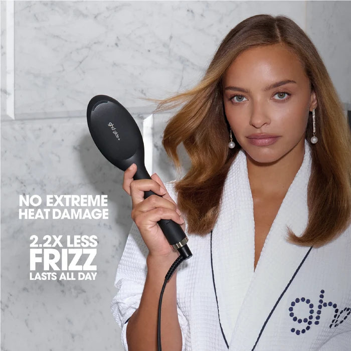 Woman holding a hair straightener with promotional text on a neutral background
