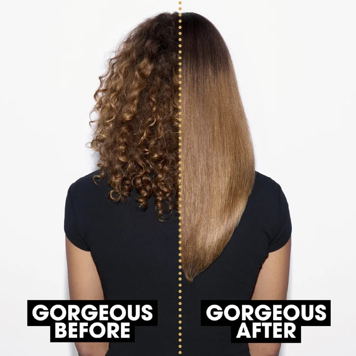 Before and after comparison of hair transformation with 'Gorgeous Before' and 'Gorgeous After' text.