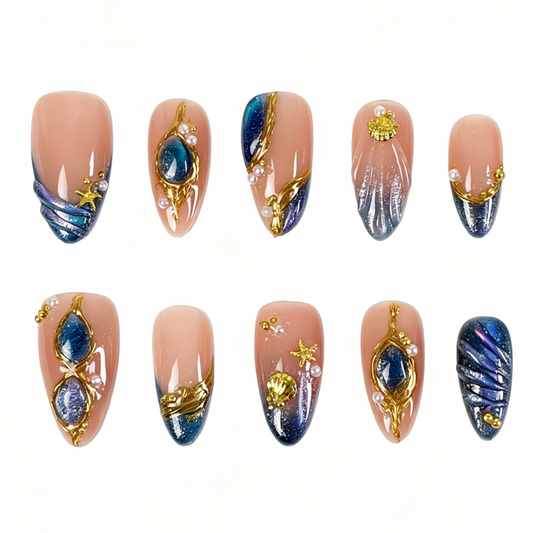 Medium Almond Press On Nails, Ocean Cat Eye Gold Wire Starfish Shell Pearl Fake Nail Set