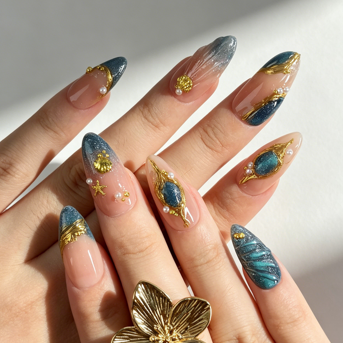 Luxury Coastal Press On Nails, Nude Blue Purple Cat Eye Gold Metal Sea Nails on Hand