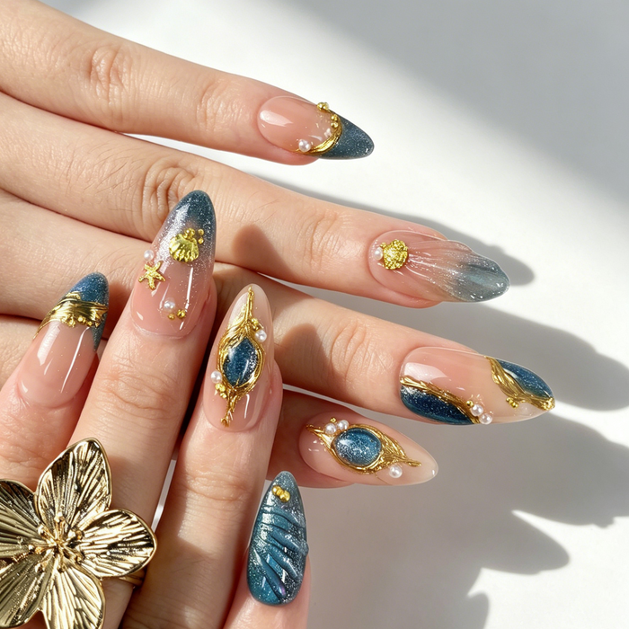 Close Up Ocean Nail Art, Gold Wire Frame Starfish Shell Pearl Cat Eye Decor