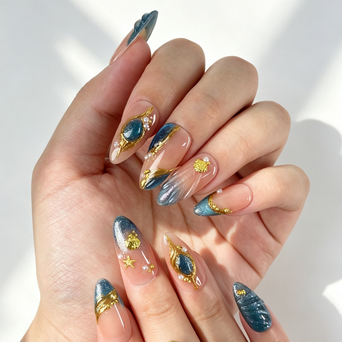 Mermaid Ocean Cat Eye Press On Nails, Medium Almond Nude Fake Nails