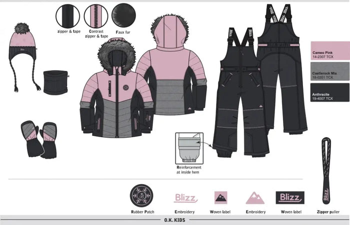 Blizz girls Cameo Pink snowsuit feature layout showing included winter accessories and technical details.