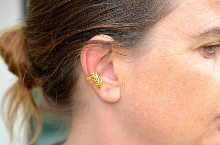 Model wearing Gold Butterfly Wing Ear Cuff - Non Piercing Jewelry for Women