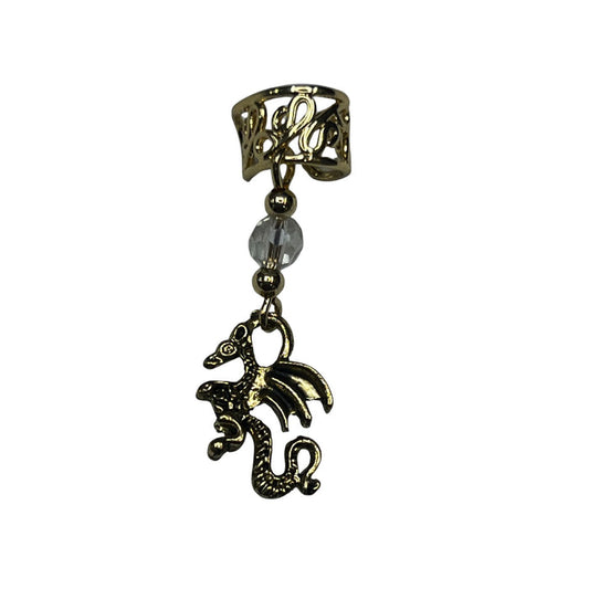 silver ear cuff with clear bead and dragon charm non piercing earring front view