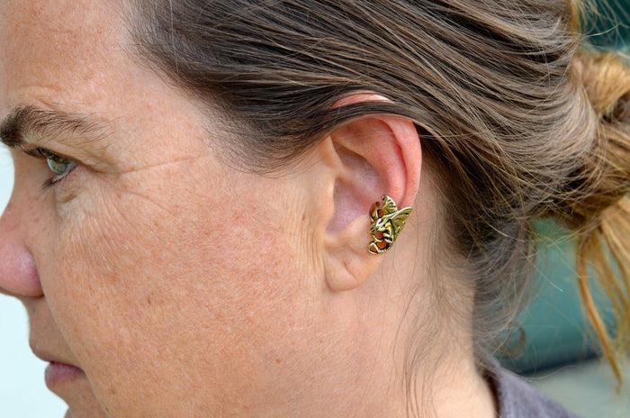 Model wearing Gold Dragon Ear Cuff – Mystical Non-Piercing Jewelry