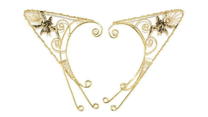 Gold fairy elf ear cuff set, wire wrap non-piercing elven ear jewelry, front view on white background