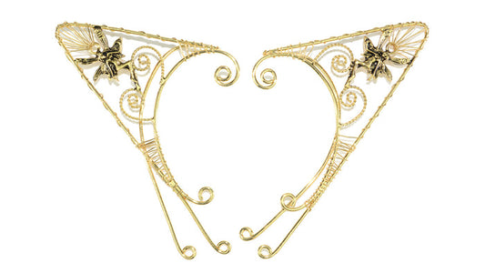 Gold fairy elf ear cuff set, wire wrap non-piercing elven ear jewelry, front view on white background