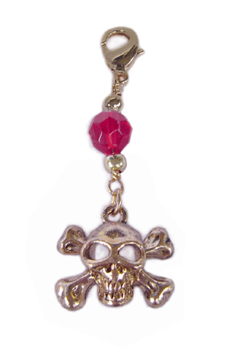 gold skull and crossbones charm with red faceted bead mini hair accessory front view