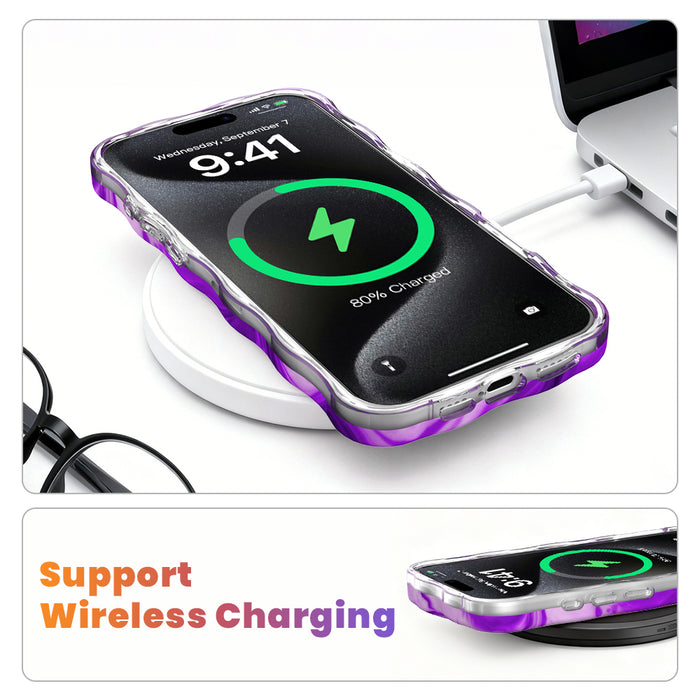 Grape Crush Wavy Luxe MagSafe iPhone case with a glossy purple liquid marble swirl design from Fancy Bands