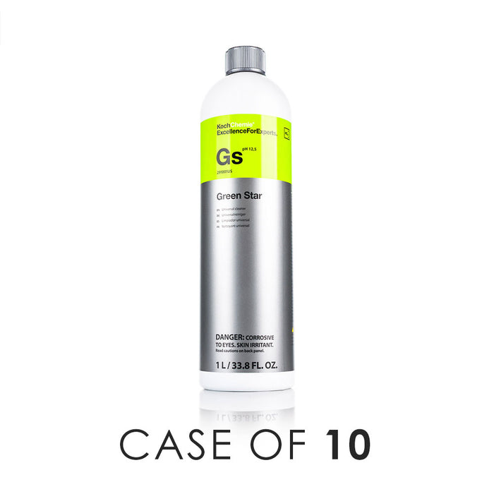 KochChemie Green Star 1 Liter bottle front view with the text "Case of 10" on a white background.