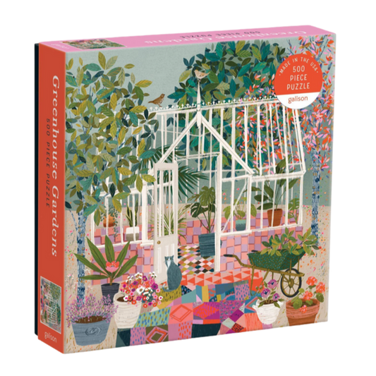 greenhouse puzzle, garden puzzle, Galison puzzle, 500 piece jigsaw, plant lover gift, colorful garden puzzle, USA made puzzle, recycled paper puzzle, puzzle for adults, floral puzzle
