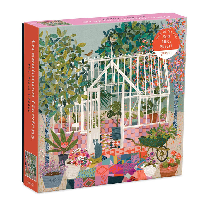 greenhouse puzzle, garden puzzle, Galison puzzle, 500 piece jigsaw, plant lover gift, colorful garden puzzle, USA made puzzle, recycled paper puzzle, puzzle for adults, floral puzzle