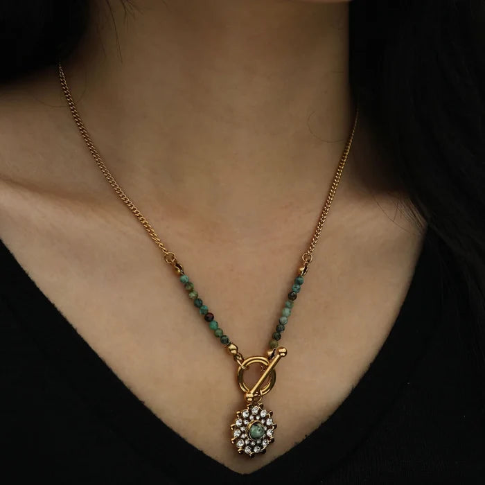 HACKNEY NINE KASA Natural Stone & Zirconia Boho-Chic Gold Necklace
