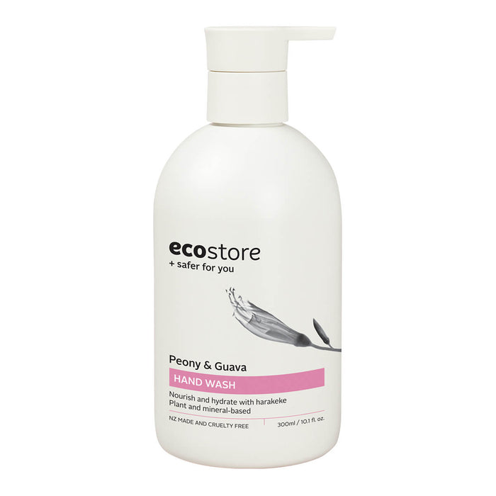 Pump bottle of peony and guava scented hand wash.
