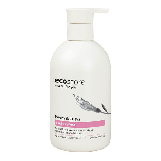 Pump bottle of peony and guava scented hand wash.