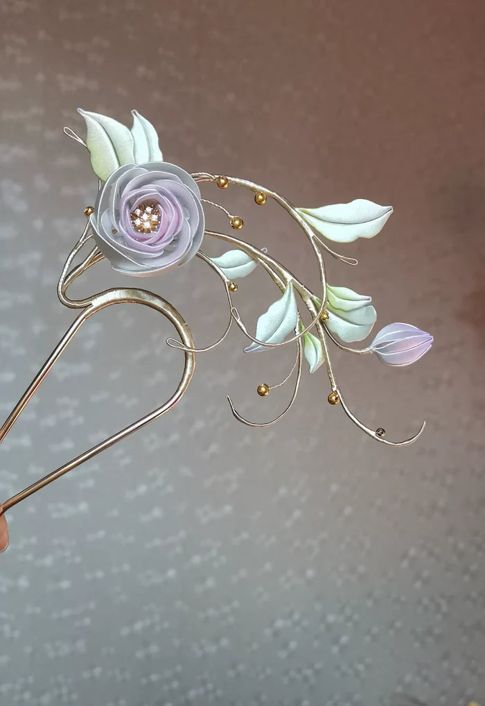 Handmade Chanhua lilac rose hairpin with leaves and metal details-6