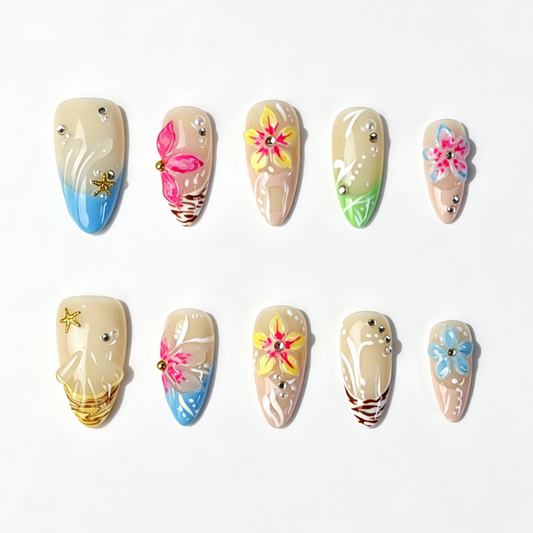 Medium Almond Press On Nails, Hand Painted Summer Plumeria Floral Fake Nails, Nude Beach Starfish Rhinestone Nail Art Set