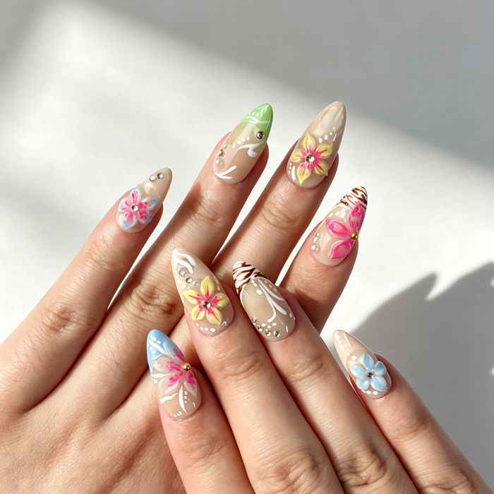 Handmade Tropical Flower Press On Nails, Medium Almond Nude Beach Plumeria Nails on Hand, Summer Starfish Rhinestone Fake Nail Tips