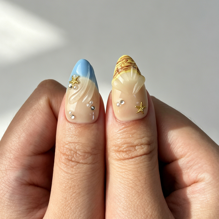 Tropical Plumeria Floral Press On Nails, Medium Almond Nude Beach Starfish Rhinestone Fake Nail Set
