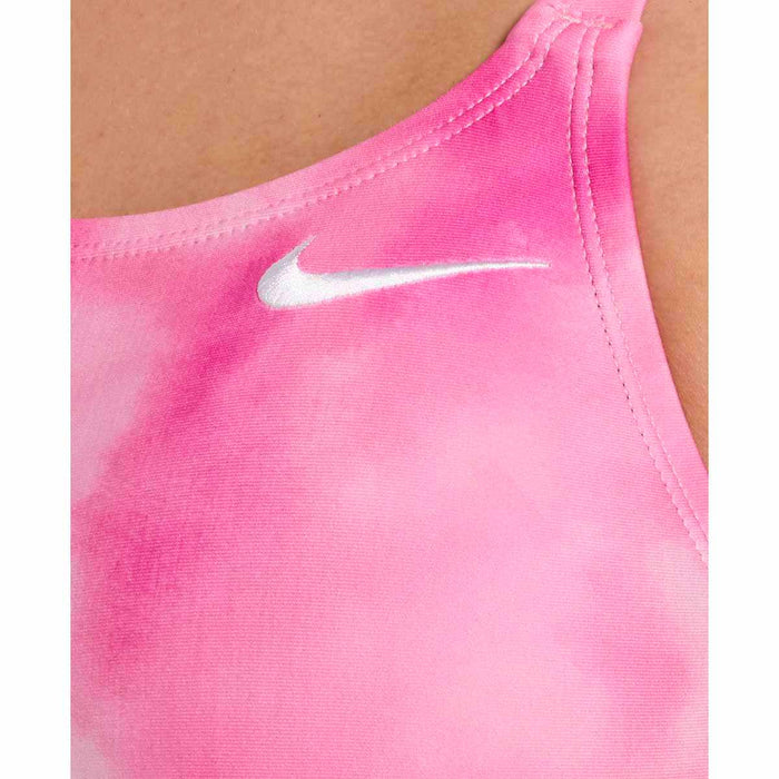 Nike Hydrastrong Aquatic Awe Print pink foam one-piece swimsuit featuring a fastback design for competitive swimming.
