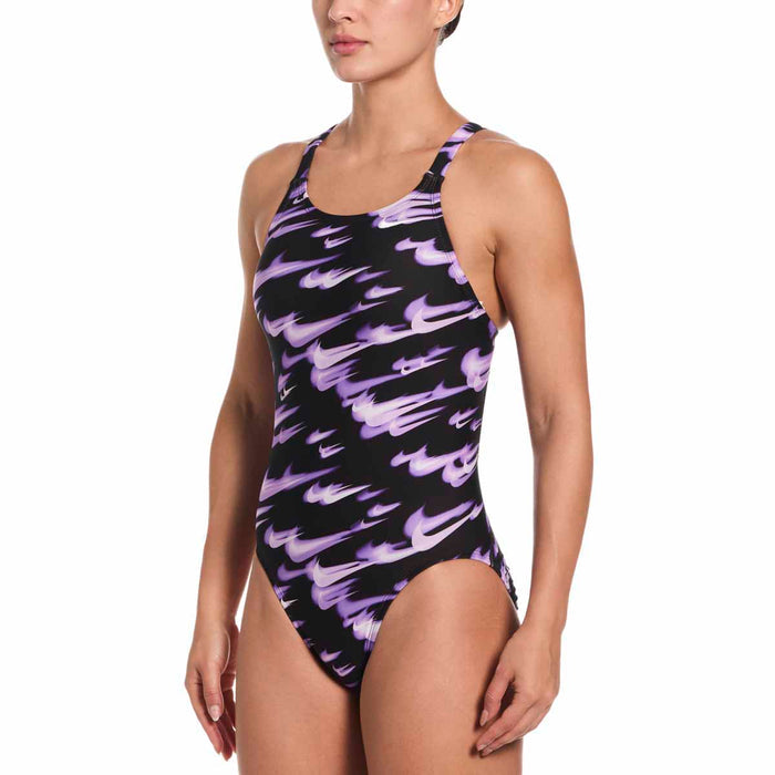 Nike Hydrastrong Asteroid Swoosh print bright violet one-piece swimsuit, featuring a sleek fastback design for women.