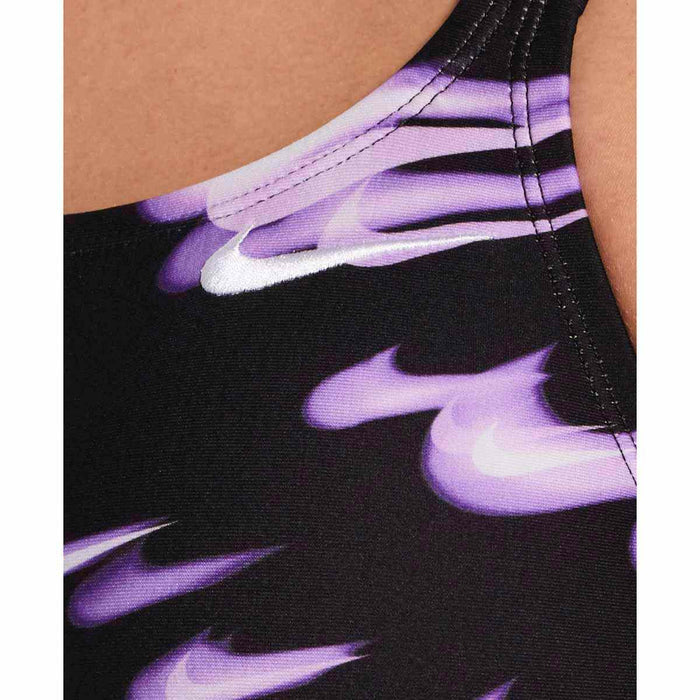 Nike Hydrastrong Asteroid Swoosh Print bright violet one-piece swimsuit with fastback design, ideal for swimming and active water sports.