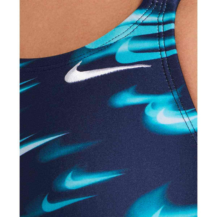 Nike Hydrastrong Asteroid Swoosh Print Green Abyss one-piece swimsuit with sleek fastback design, perfect for swimming and active wear.