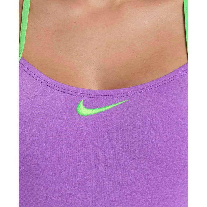 Nike Hydrastrong logo graphic bright violet one-piece swimsuit with adjustable T-back for women, featuring bold Nike branding.
